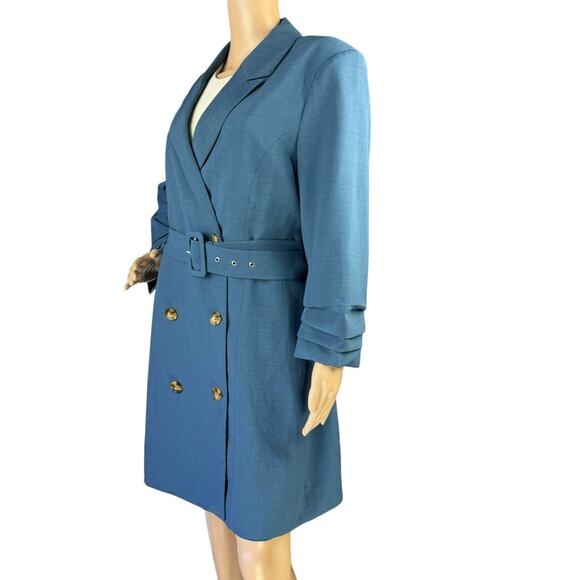 Adelyn Rae Women Blue Notched Lapel Pleated Cuffs Belted Dress Trench Coat XL - Picture 5 of 8